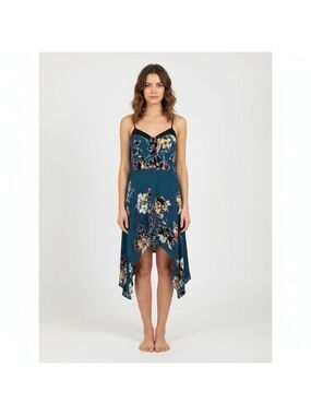 band of Gypsies teal fuchsia asymmetrical floral dress built-in bra size small